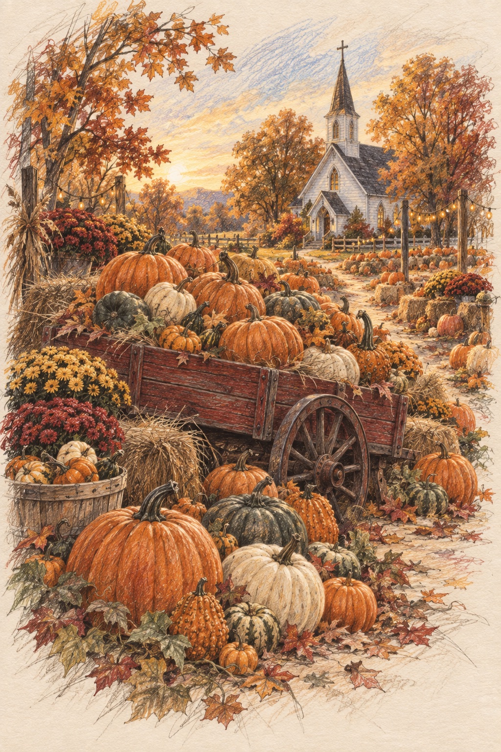Pumpkins of every size on straw beside a small white church in autumn